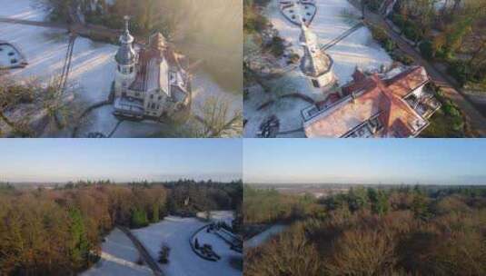冬季荷兰格罗夫贝克城堡和周围森林，FPV高清在线视频素材下载