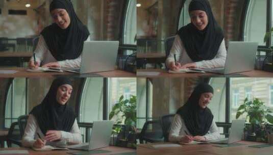 穆斯林伊斯兰妇女戴头巾说话视频通话会议笔高清在线视频素材下载