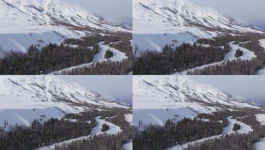 航拍新疆禾木雪景森林雪地雪山积雪的河道高清在线视频素材下载