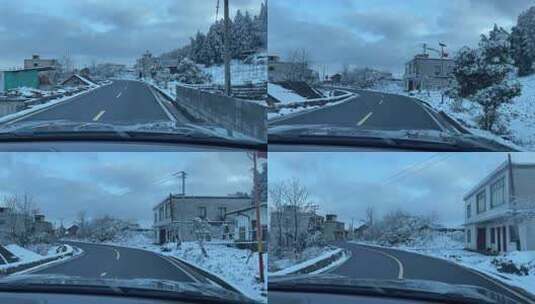 雪中乡村小路及路边房屋景象高清在线视频素材下载