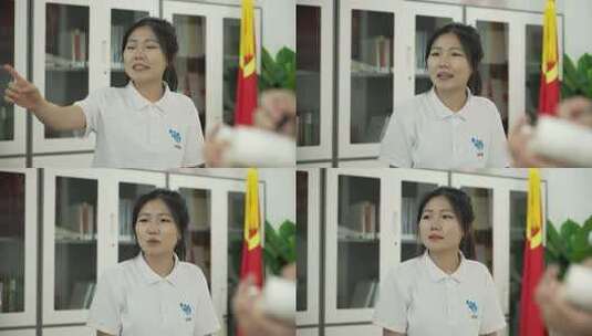 女士室内指点讲解画面高清在线视频素材下载