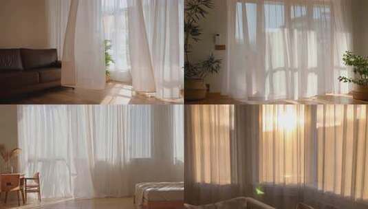 室内阳光透过窗帘洒入场景高清在线视频素材下载