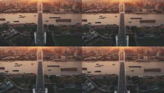 航拍日落时的南浦大桥和黄浦江两岸风光高清在线视频素材下载