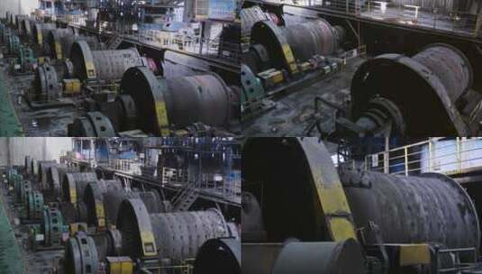 煤矿企业厂房内的矿山球磨机成排的高速运转高清在线视频素材下载