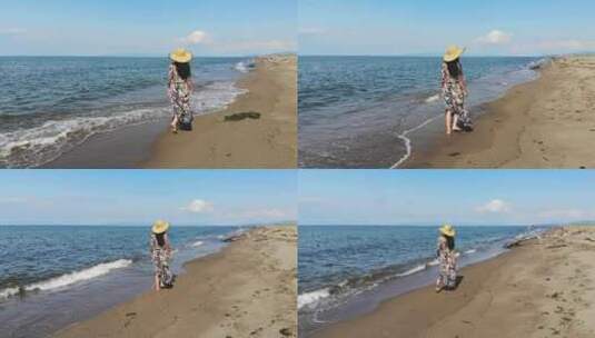 一个女人独自走在海滩上高清在线视频素材下载