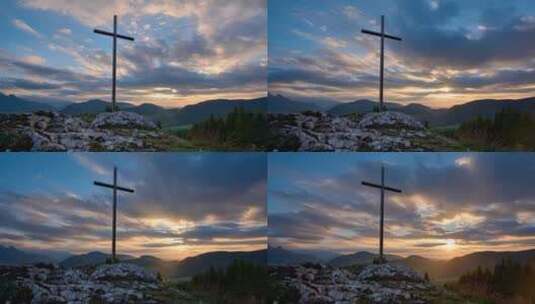日落时分岩石上的基督教十字架高清在线视频素材下载