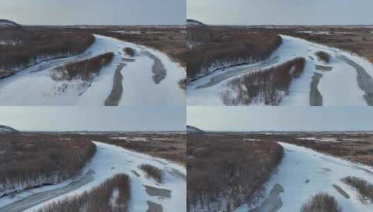 航拍北国之春湿地雪景红柳高清在线视频素材下载