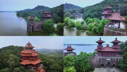 航拍武汉东湖楚天台和楚城高清在线视频素材下载