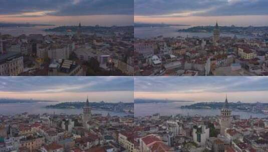 伊斯坦布尔市中心的加拉塔塔夜以继日与博斯普鲁斯海峡和伊斯坦布尔天际线，天线高清在线视频素材下载
