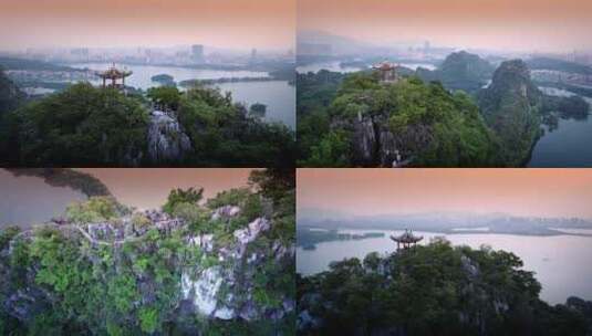 航拍广东肇庆七星岩星湖夕阳景观高清在线视频素材下载