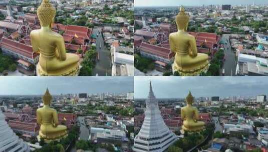 泰国曼谷水门寺大佛像城市地标建筑航拍风景高清在线视频素材下载