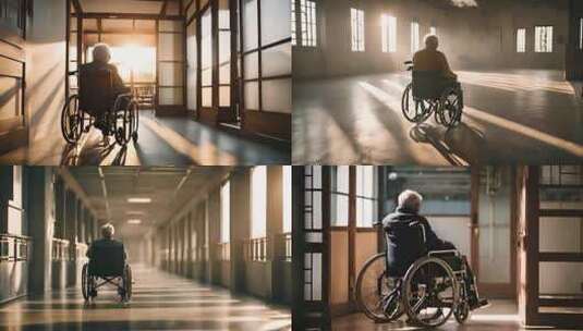 孤独的老人坐着轮椅背影高清在线视频素材下载