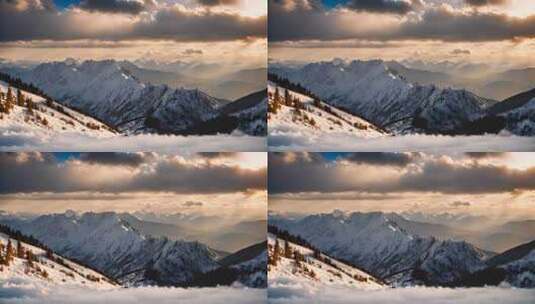 雪山云雾森林阳光树林远山峰大自然生态风景高清在线视频素材下载