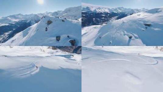 航拍雪山山顶自由人物滑雪惊险瞬间高清在线视频素材下载