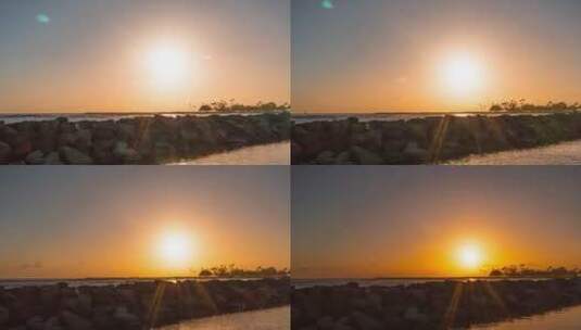 海湾中用巨石堆成海堤延时拍摄高清在线视频素材下载