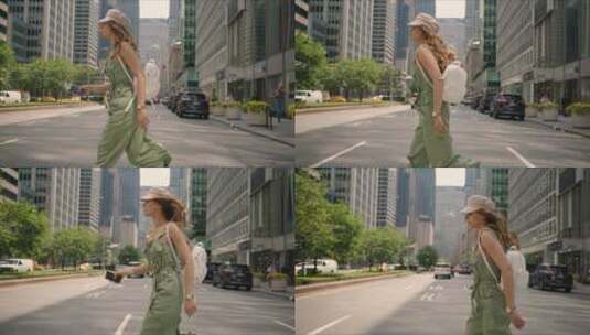 女游客在人行道上奔跑高清在线视频素材下载
