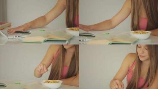 女孩边学习边吃玉米片高清在线视频素材下载