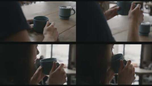 女人端起杯子喝茶高清在线视频素材下载