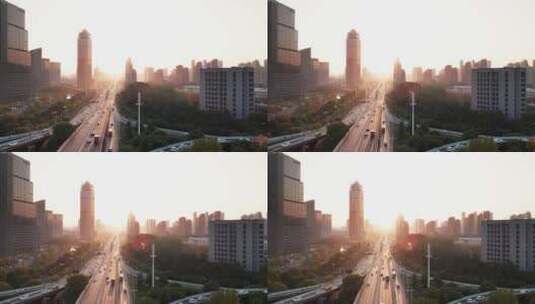 航拍夕阳下杭州市区道路高清在线视频素材下载