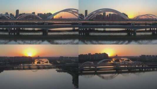 4K航拍|西安浐灞广运大桥日落余晖高清在线视频素材下载
