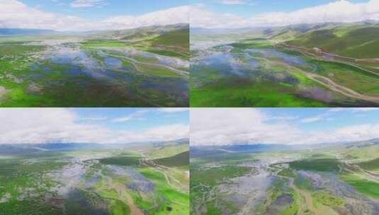 拉萨当雄县湿地草原风景航拍 湖泊湿地草原高清在线视频素材下载