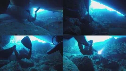 海底 洞穴 潜水员 鱼群 跟拍高清在线视频素材下载