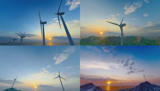 黄昏日落夕阳下的风力发电设施高清在线视频素材下载