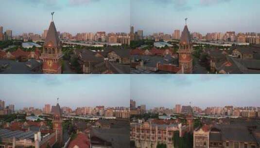 航拍武汉汉口里钟楼仿古建筑群高清在线视频素材下载