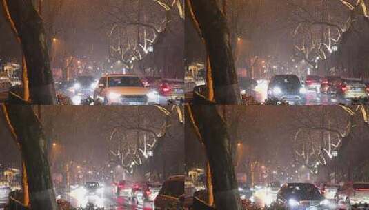 慢动作拍摄下雪街道上的汽车高清在线视频素材下载