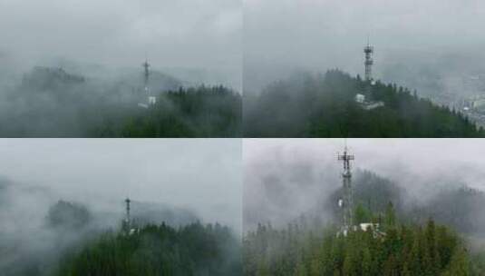 大山浓雾里的信号塔高清在线视频素材下载