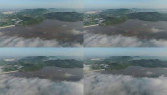 云雾缭绕水库山丘航拍高清在线视频素材下载