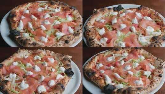那不勒斯披萨配烟熏三文鱼和马苏里拉奶酪高清在线视频素材下载