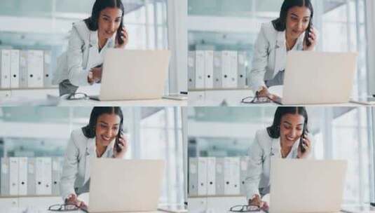 电话、笔记本电脑和商务印度女性在办公室进高清在线视频素材下载