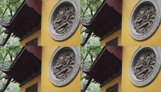 中国杭州永福寺龙的雕刻石雕下雨天慢镜高清在线视频素材下载