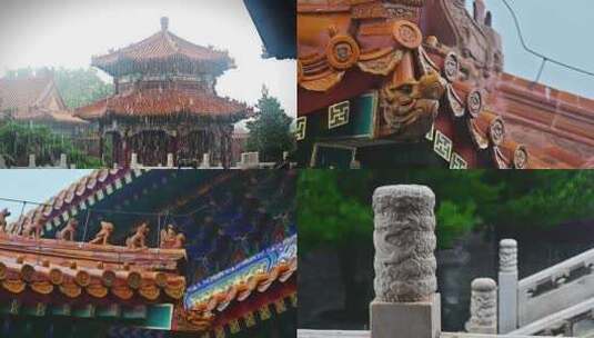 北京暴雨中的景山公园古建筑龙雕龙吐水高清在线视频素材下载