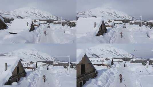 航拍新疆禾木雪景森林雪地小木屋禾木桥雪山高清在线视频素材下载