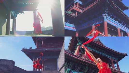 【合集】古城舞动红绸带的舞者高清在线视频素材下载