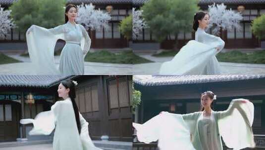 古风女子庭院起舞高清在线视频素材下载