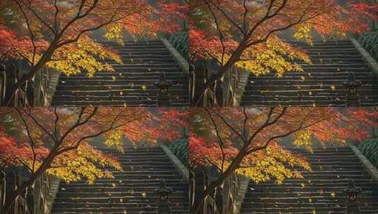 秋日枫叶下的石阶风景高清在线视频素材下载