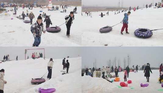 小男孩在雪地上拖着雪圈玩耍 滑雪场高清在线视频素材下载