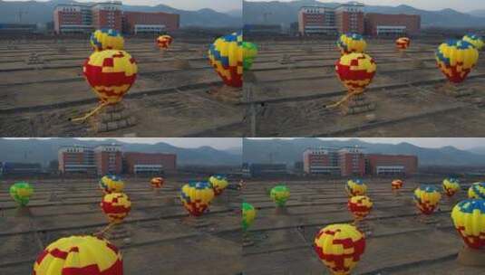 航拍太原稻田公园热气球上升渐远高清在线视频素材下载