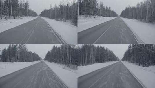 在雪后道路上行驶的开车视角高清在线视频素材下载