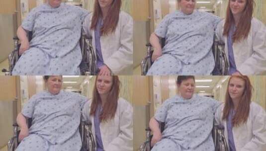 护士和坐着轮椅的病人一起拍照高清在线视频素材下载
