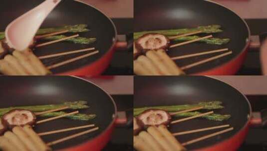 穿香菇串烤香菇烤蔬菜高清在线视频素材下载