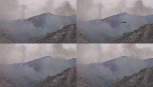 直升机在灌木丛火上向下洒水高清在线视频素材下载