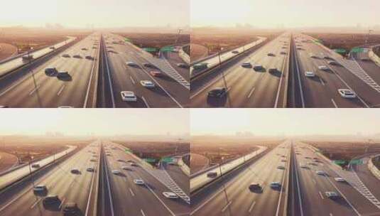 航拍夕阳下杭州萧山机场城市大道高架桥高清在线视频素材下载