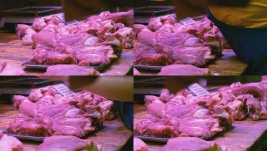 4K升格实拍菜市场猪肉摊上的生猪肉高清在线视频素材下载