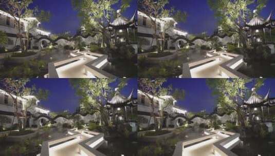 夜晚中式合院江南园林别墅院子景观高清在线视频素材下载