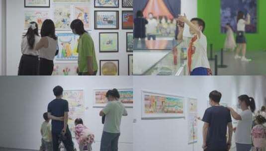 家长带孩子参观少年儿童美术馆展览画展合集高清在线视频素材下载