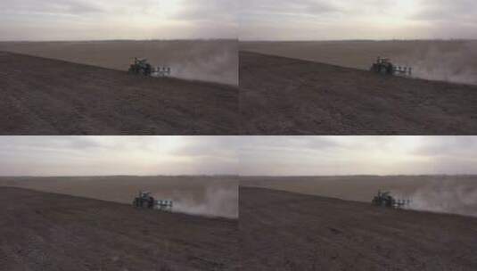 夕阳中拖拉机耕地作业高清在线视频素材下载